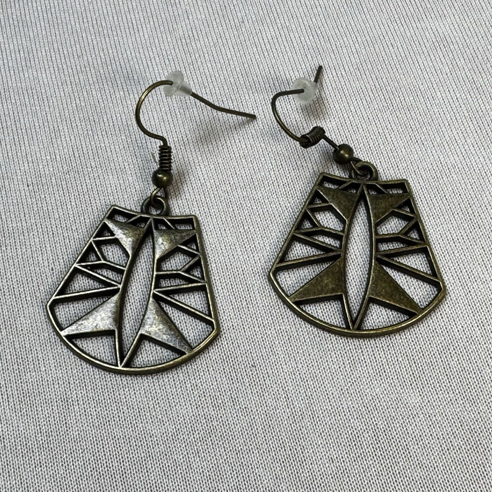 Gold Tone Geometric Cut Out Dangle French Hook Earrings